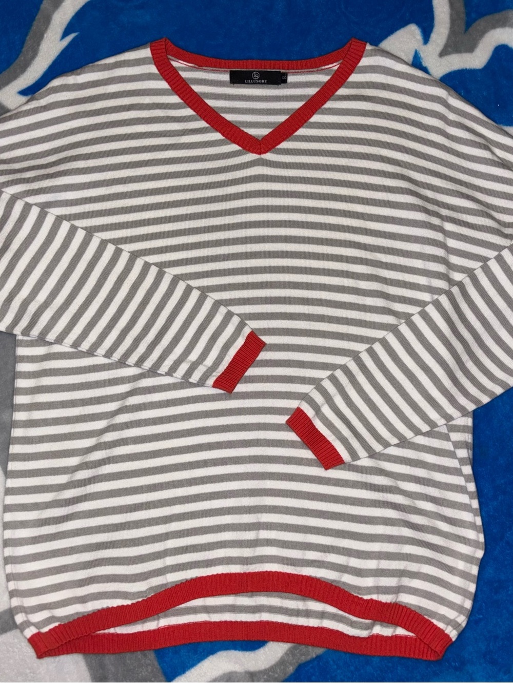 Lillusory~Striped V-Neck Sweater with Red Trim - womens small~